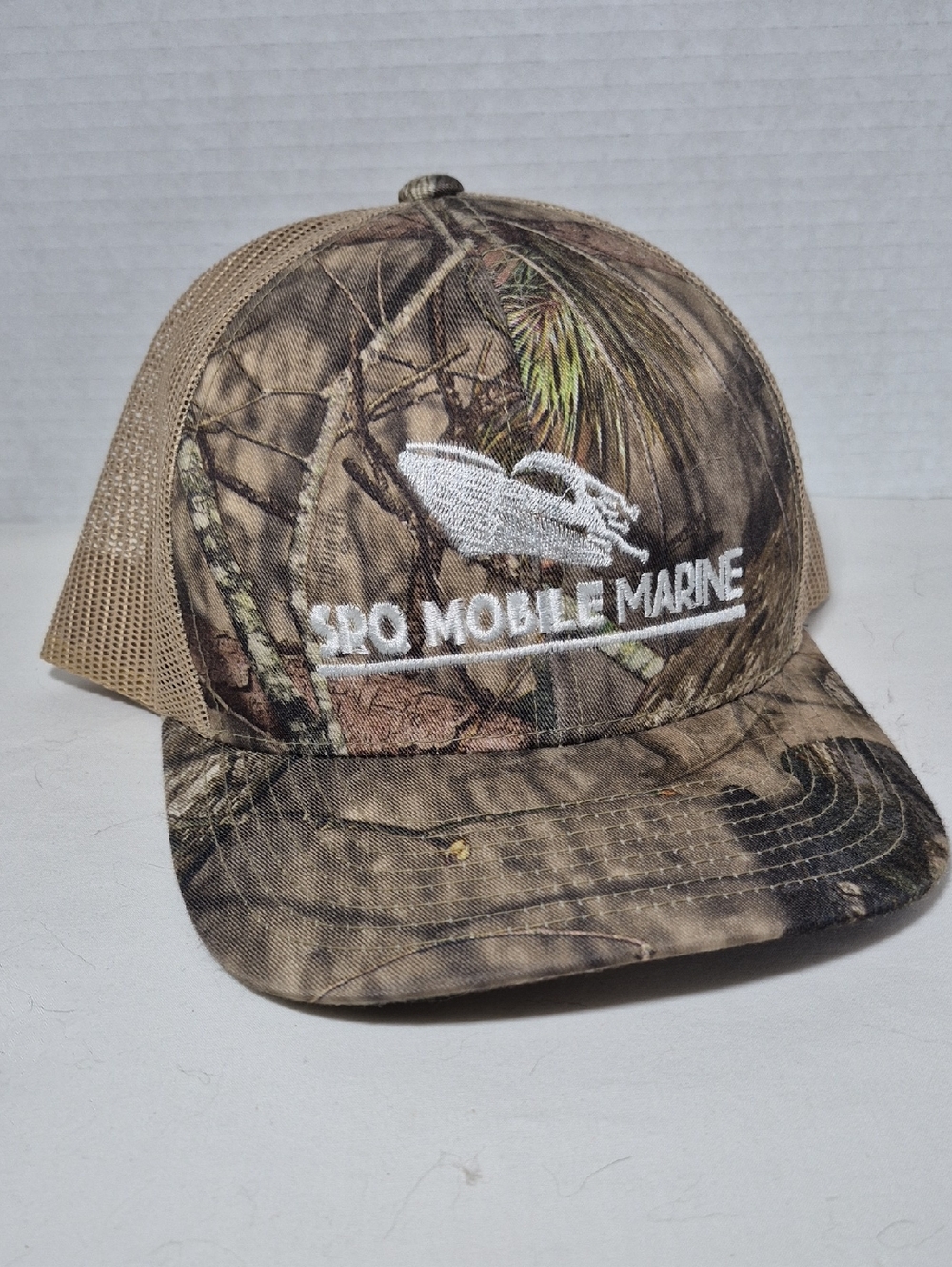 Pacific Headwear Snapback Camo Hat Marine, Boating, Mesh Back, Tan, Embroidered